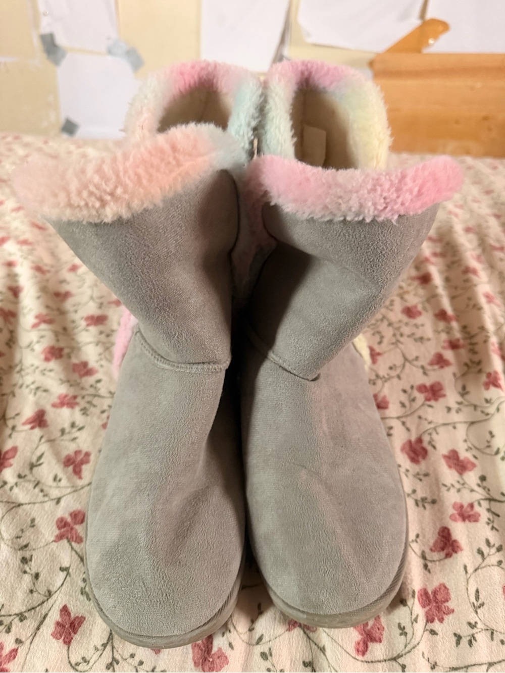 fabkids Gray Faux-Suede Kids Boots with Pastel Shearling Trim